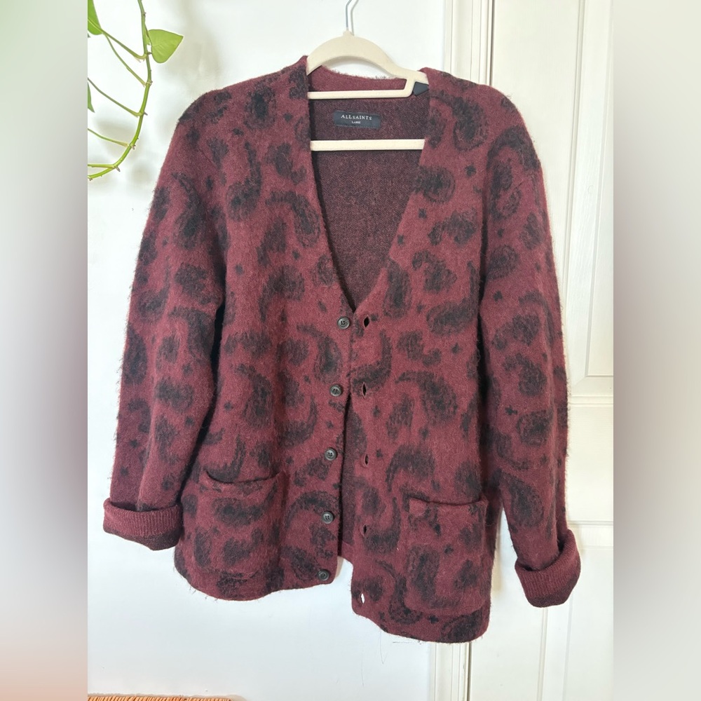 All Saints Burgundy and Charcoal Teddy Jacket